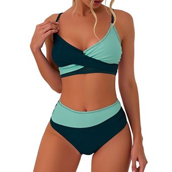 Women's Color Block 2 pc Bikini with Wrap Front Top & High Waisted Bottoms