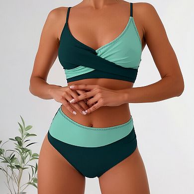 Women's Color Block 2-Piece Bikini with Wrap Front Top & High Waisted Bottoms