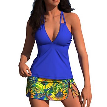 Women's 2 pc Halter Tankini with Sunflower Print Swim Skirt