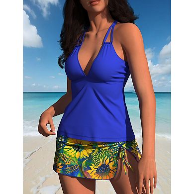 Women's 2-Piece Halter Tankini with Sunflower Print Swim Skirt