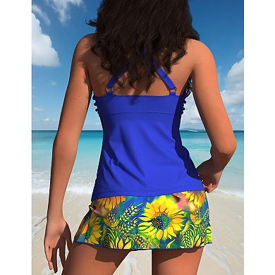 Women's 2-Piece Halter Tankini with Sunflower Print Swim Skirt