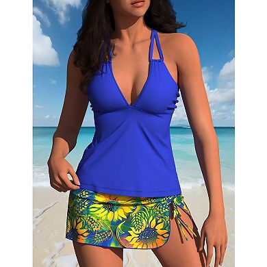 Women's 2-Piece Halter Tankini with Sunflower Print Swim Skirt