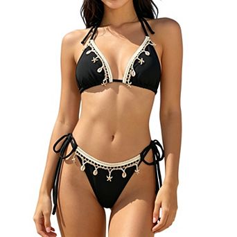 Women's Triangle Bikini Set, Two-Piece Halter Bathing Suit with Shell Trim for Beach