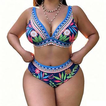 Women's Plus Size Bikini Set, High Waisted Floral Two-Piece Bathing Suit with Adjustable Straps