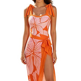 Women's One-Piece Swimsuit with Cover Up Skirt, 2 pc Tropical Bathing Suit Set