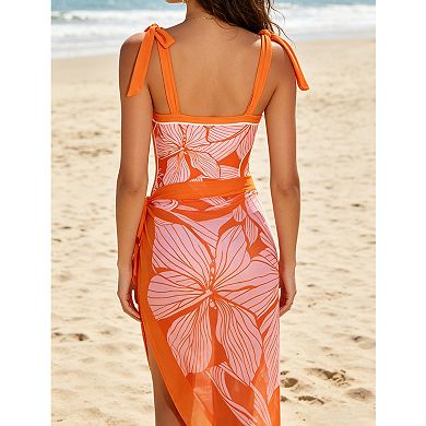Women's One-Piece Swimsuit with Cover Up Skirt, 2-Piece Tropical Bathing Suit Set