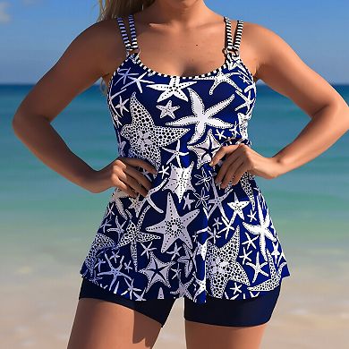 Women's Tankini Swimsuit, Two-Piece Flowy Bathing Suit with Adjustable Straps and Swim Shorts