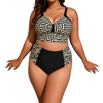 Women's Plus Size Tankini Set, High Waisted Geometric Print Two-Piece Bathing Suit