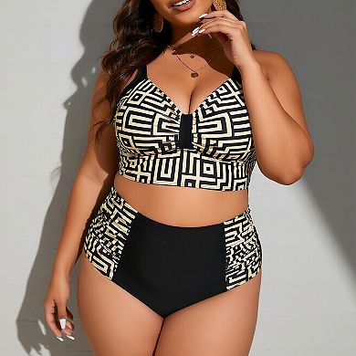 Women's Plus Size Tankini Set, High Waisted Geometric Print Two-Piece Bathing Suit