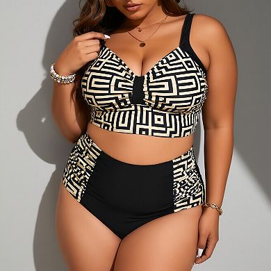 Women's Plus Size Tankini Set, High Waisted Geometric Print Two-Piece Bathing Suit