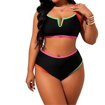 Women's Plus Size Bikini Set, Colorblock High Waisted Two-Piece Bathing Suit with Adjustable Straps