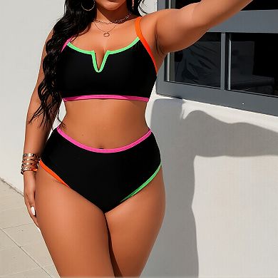 Women's Plus Size Bikini Set, Colorblock High Waisted Two-Piece Bathing Suit with Adjustable Straps