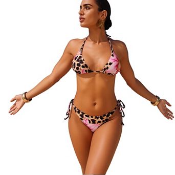 Women's Halter Bikini Set, Leopard Floral Print Two-Piece Bathing Suit with Tie-Side Bottoms
