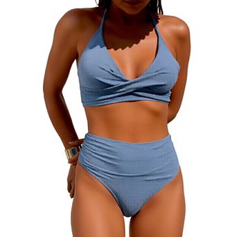 Women's Halter Bikini Set, High Waisted Two-Piece Bathing Suit with Ruched Design for Beach & Pool
