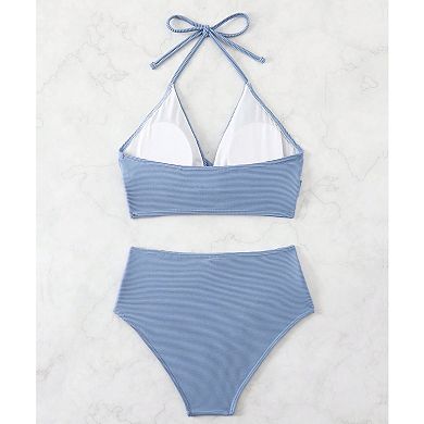 Women's Halter Bikini Set, High Waisted Two-Piece Bathing Suit with Ruched Design for Beach & Pool