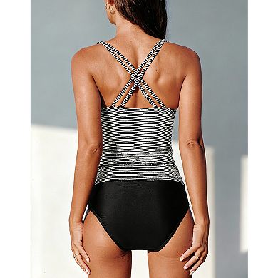 Women's Striped Tankini Swimsuit, Two-Piece Bathing Suit with Crisscross Back Straps