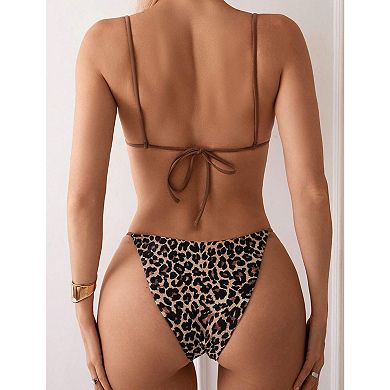 Women's Leopard Print Bikini Set, Triangle Top & High Cut Bottoms with Gold Accents