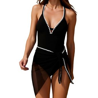Women's One-Piece Swimsuit with Cover Up Skirt, 2 pc V-Neck Bathing Suit Set