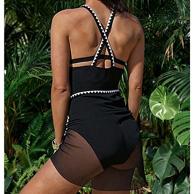 Women's One-Piece Swimsuit with Cover Up Skirt, 2-Piece V-Neck Bathing Suit Set