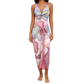 Women's 2 pc Marble Print Swimsuit with Matching Wrap Skirt, Twist-Front Bathing Suit Set