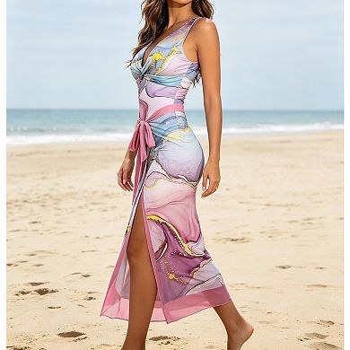 Women's 2-Piece Marble Print Swimsuit with Matching Wrap Skirt, Twist-Front Bathing Suit Set