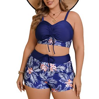 Women's Plus Size Tankini Set, Tropical Floral Print Two-Piece Bathing Suit