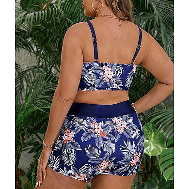 Women's Plus Size Tankini Set, Tropical Floral Print Two-Piece Bathing Suit