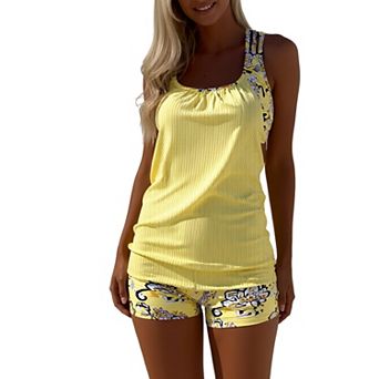 Women's Ribbed Tankini Swimsuit, Two-Piece Bathing Suit with Floral Print Straps & Shorts