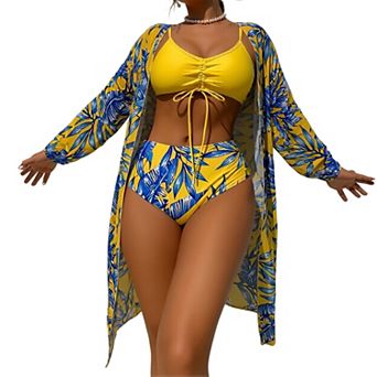 Women's 3 pc Tropical Bikini Set with Kimono Cover Up, Ruched Drawstring Bathing Suit