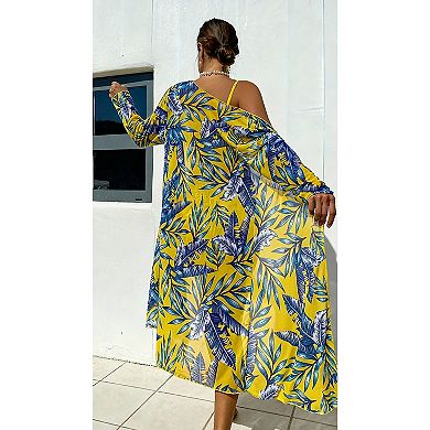 Women's 3-Piece Tropical Bikini Set with Kimono Cover Up, Ruched Drawstring Bathing Suit