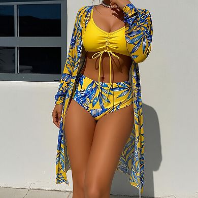 Women's 3-Piece Tropical Bikini Set with Kimono Cover Up, Ruched Drawstring Bathing Suit