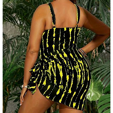 Women's Plus Size 2-Piece Swimsuit with Wrap Skirt, Halter Neck Bathing Suit Set