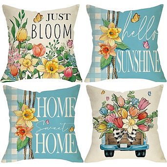 Spring Floral Throw Pillow Covers Set, Cotton Linen, Decorative Cushion Cases