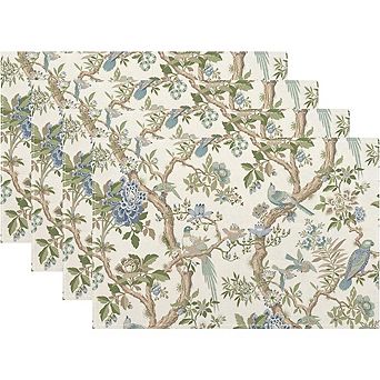 Chinoiserie Floral Bird Linen Placemats Heat Resistant Durable Washable Set of 4