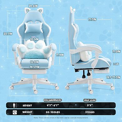 Cat Ears Gaming Chair - Ergonomic Reclining PU Leather Office Chair with Footrest,310lbs Capacity