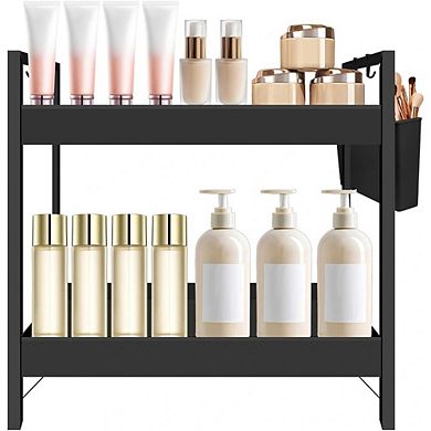 2-Tier Countertop Organizer with Basket and Hooks for Vanity Storage