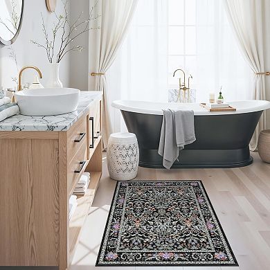 Boho Floral Washable Non-Slip Low Pile Area Rug Rubber Backing