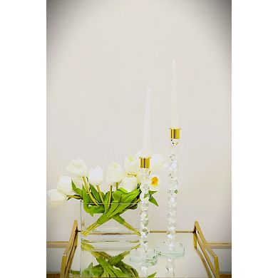 HomeRoots 14" Clear And Gold Geo Stacks Crystal Tabletop Taper Candlestick