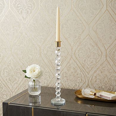 HomeRoots 14" Clear And Gold Geo Stacks Crystal Tabletop Taper Candlestick
