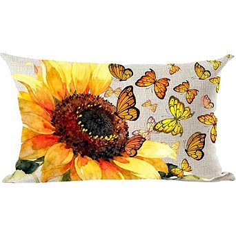 Watercolor Butterfly Sunflower Lumbar Pillow Cover, Cotton Linen, Zipper Case