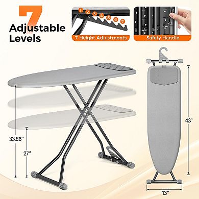 Foldable Ironing Board 13"x43" Extra-Wide Mesh Panel 7-Height Heat-Resistant Cover