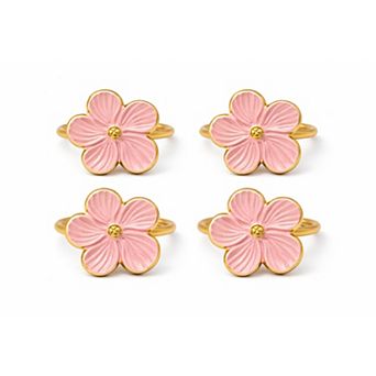 Dainty Home Pink Enamel Flower Napkin Rings Set of 4, Gold Metal Floral Table Décor