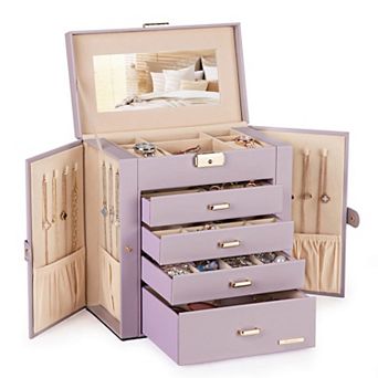 Faux Leather Jewelry Watch Box Mirror Lock Necklace Earring Ring Storage