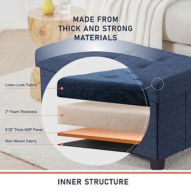 Ornavo Home Foldable Tufted 30 Inch Linen Bench Storage Ottoman with Legs