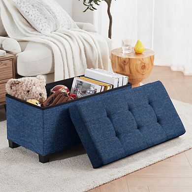 Ornavo Home Foldable Tufted 30 Inch Linen Bench Storage Ottoman with Legs