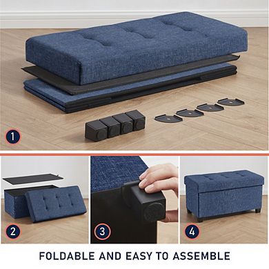 Ornavo Home Foldable Tufted 30 Inch Linen Bench Storage Ottoman with Legs