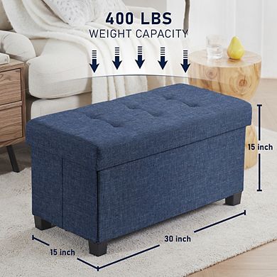 Ornavo Home Foldable Tufted 30 Inch Linen Bench Storage Ottoman with Legs