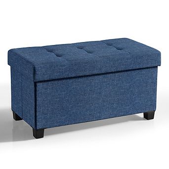 Ornavo Home Foldable Tufted 30 Inch Linen Bench Storage Ottoman with Legs