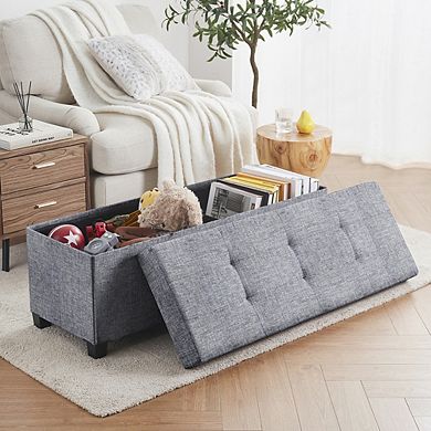 Ornavo Home Foldable Tufted 43 Inch Long Linen Bench Storage Ottoman with Legs