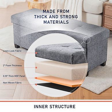 Ornavo Home Foldable Tufted 43 Inch Long Linen Bench Storage Ottoman with Legs